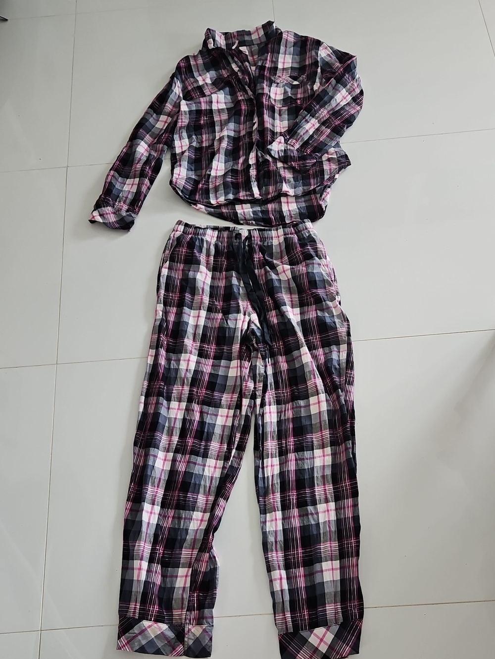 Victoria's Secret Black, Pink and White Plaid Two-Piece Pajama Set